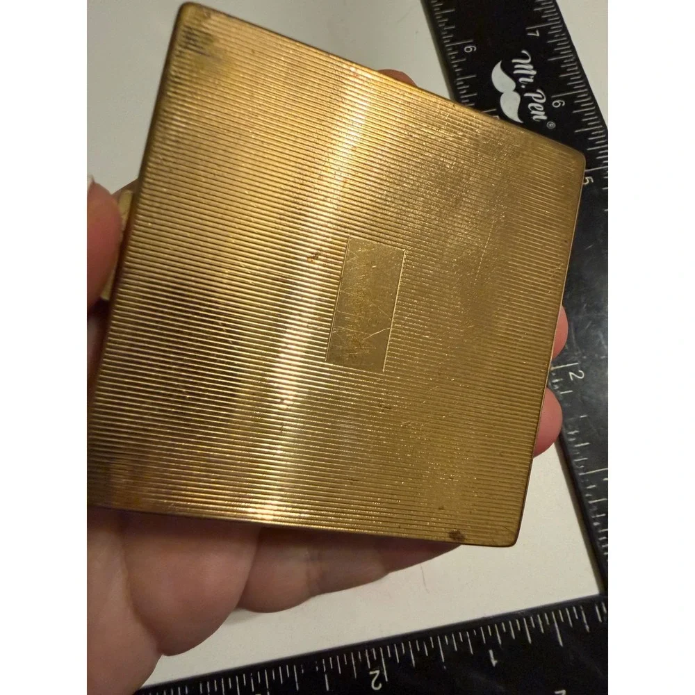 Harriet Hubbard Ayer Vintage Gold Tone Plaid Powder Compact with Mirror & Puff